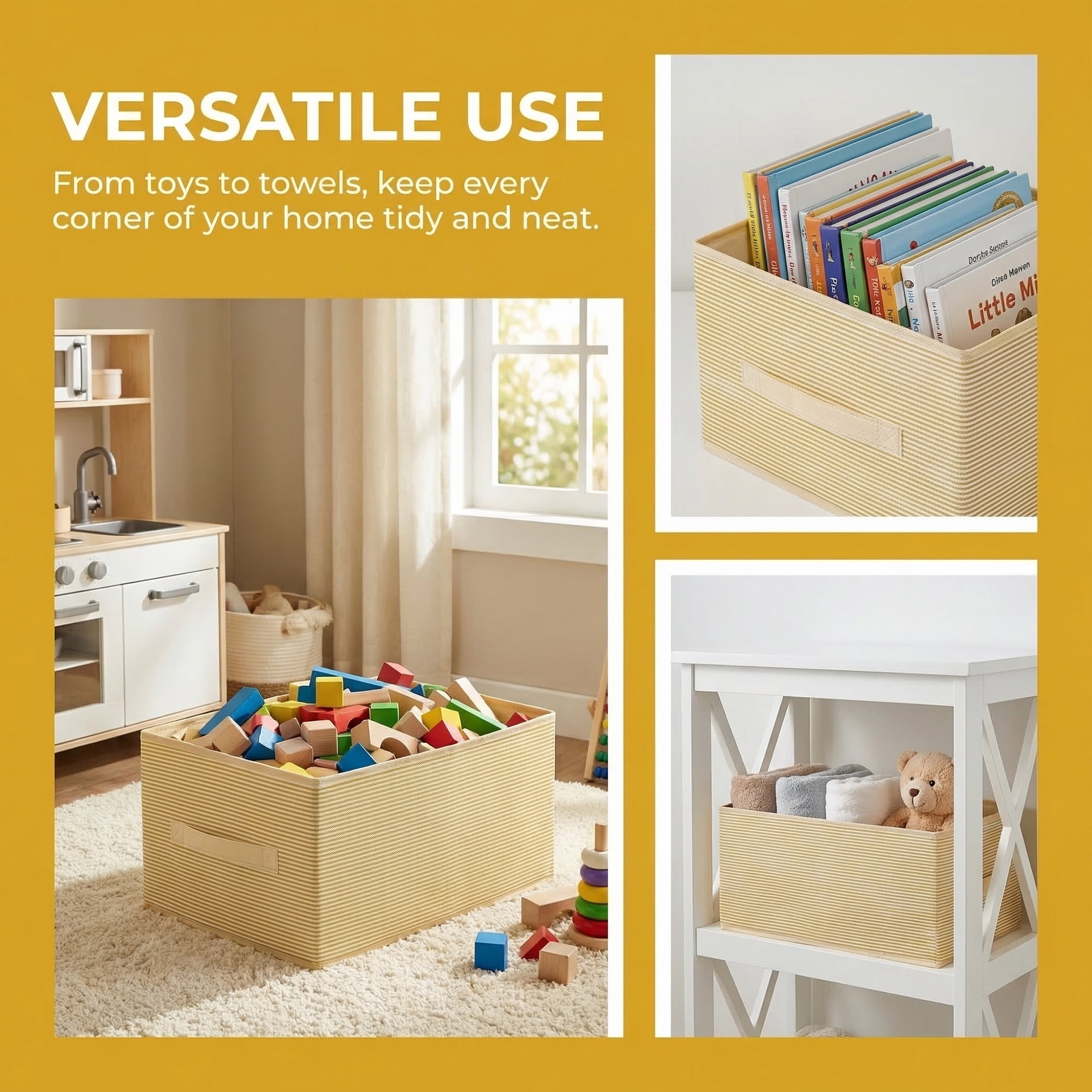 Unique Bargains 3pcs Fabric Storage Bin with Stripe Beige 18.5*11*7.9in