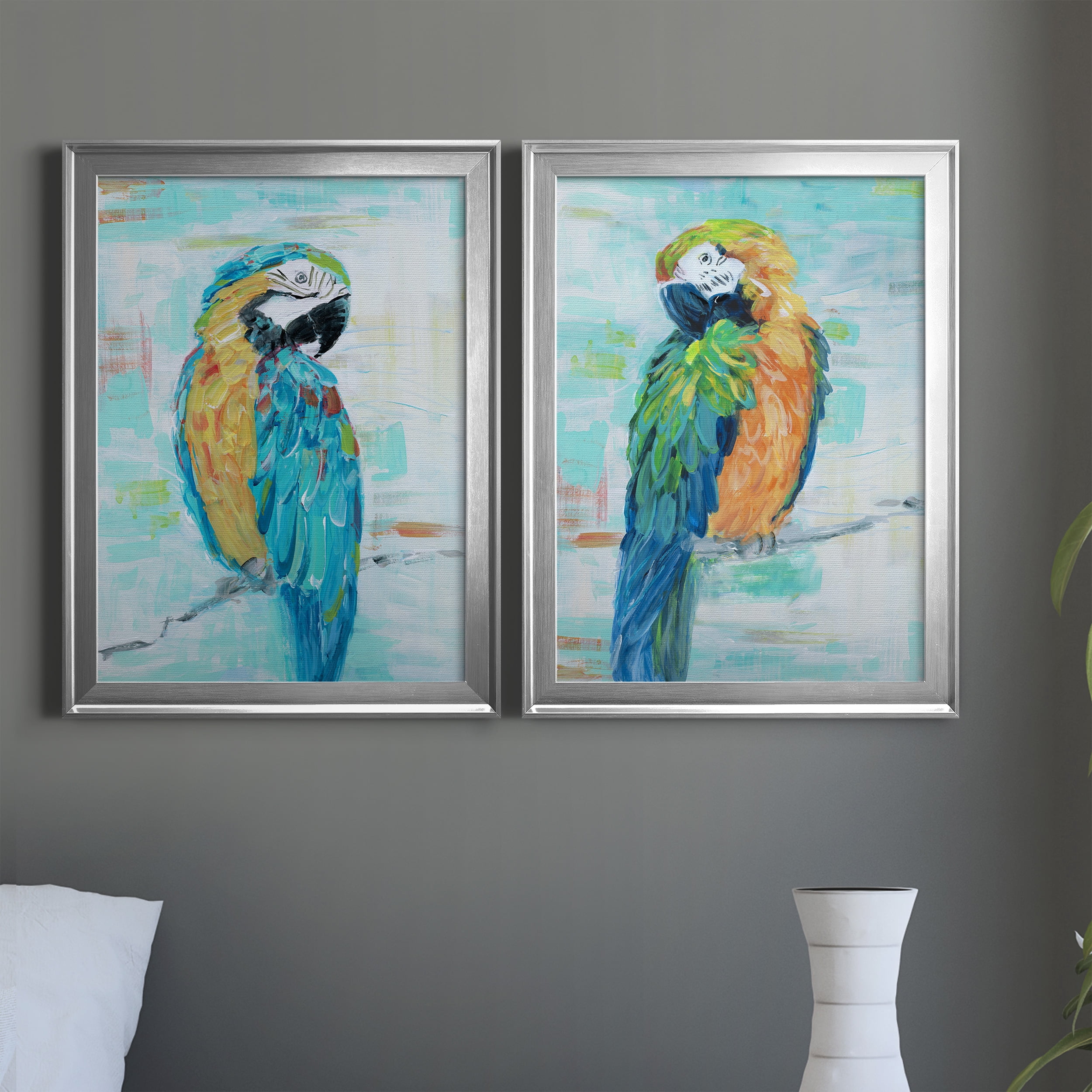 2 Piece Set Island Parrot I Premium Framed Canvas - Ready to Hang - 22.5 x 30.5 Each - Silver Frame