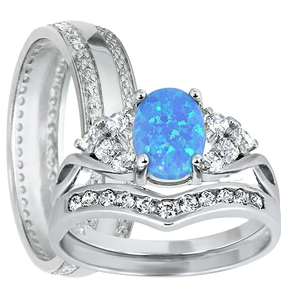 His Her Wedding Set 3 Piece TRIO Blue Opal CZ Silver Rings for Women Men Bride Groom 5/8
