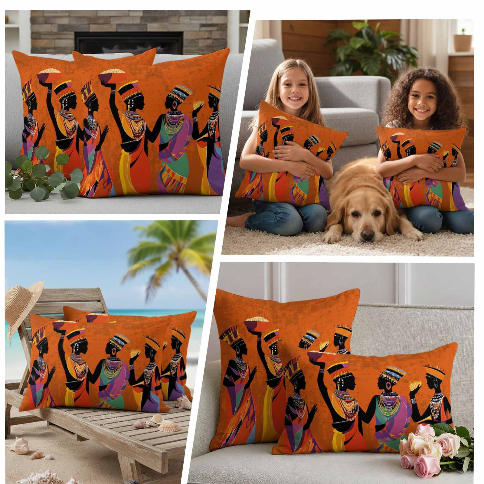 Outdoor Pillow Covers African Black Woman Ethnic Style Waterproof Pillow Cases 18x18 Set of 2, Retro Orange Gradient Throw Pillow Cover Pillowcase for Patio Balcony Couch Garden