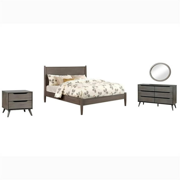 FOA Belkor 4pc Gray Wood Bedroom Set - Queen Nightstand Dresser Mirror