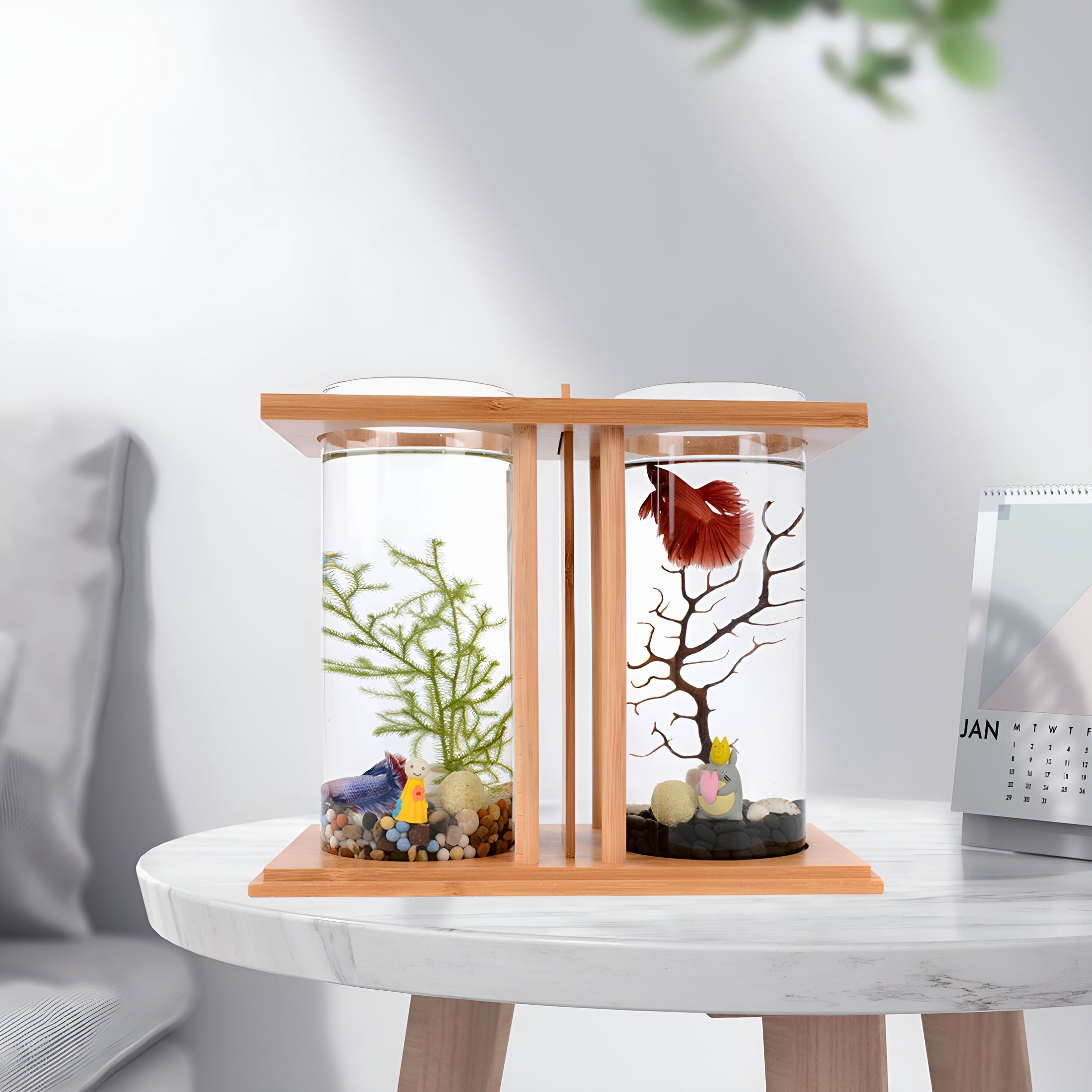 ACDANC LED White Desktop Mini Fish Tank Betta Fish Tank Tabletop Desktop Fish Tank Bamboo Glass Acrylic for Goldfish Betta Fish