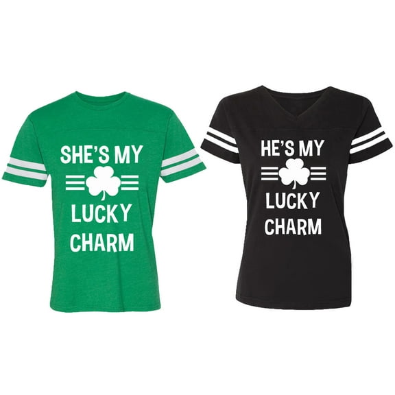 He She is My Lucky Charm Matching Couple Cotton Jerseys (Men Green / Women Black) (Men S / Women S)