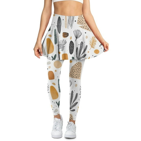 COEQINE Women Breathable Yoga Skirted Legging with Pockets Abstract Boho Geometric Art White Print Elastic Pleated Tennis Skirts with Leggings Fashion Golf Leggings, XS