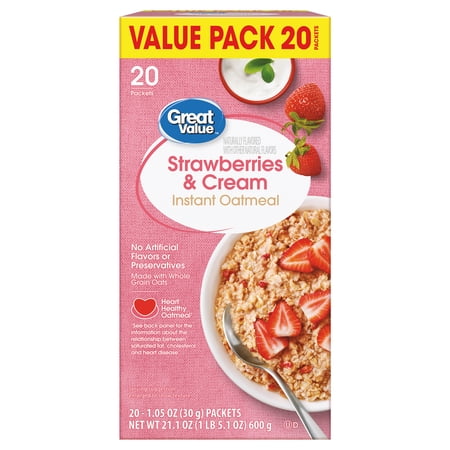 Great Value Strawberries & Cream Instant Oatmeal Value Pack, 1.05 oz, 20 Count