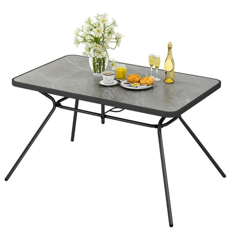 Costway Patio Rectangle Dining Table 49   x 29.5   Marble-Like Tabletop with Umbrella Hole
