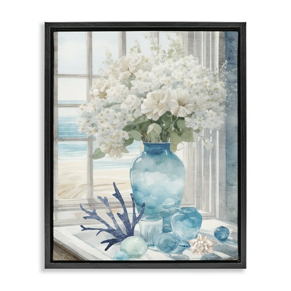 Stupell Industries Coastal Flower Vase Botanical & Floral Painting Black Floater Framed Art Print Wall Art, 17 x 21