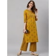 thumbnail image 3 of Janasya Indian Round Neck 3/4 Sleeve Floral Print Mustard Cotton Kurta With Palazzo For Women, 3 of 8