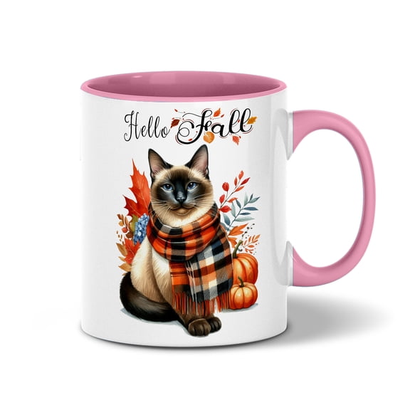 Hello Fall Siamese Scarf Welcome Autumn with Leaves Pumpkins 11oz Accent Two-tone Mug Cat Lover Kitten Owner Gifts Coffee Tea Cup - 00011