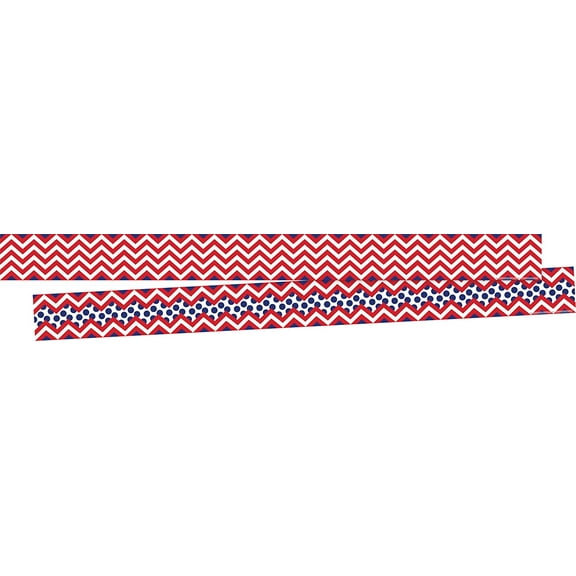Barker Creek Double-Sided Border 2-Pack, Red & Navy Chevron , Decorate Galore with 70' of Border, Coordinating Designs Printed On Both Sides for Twice the Value, 3" x 70' (3693)