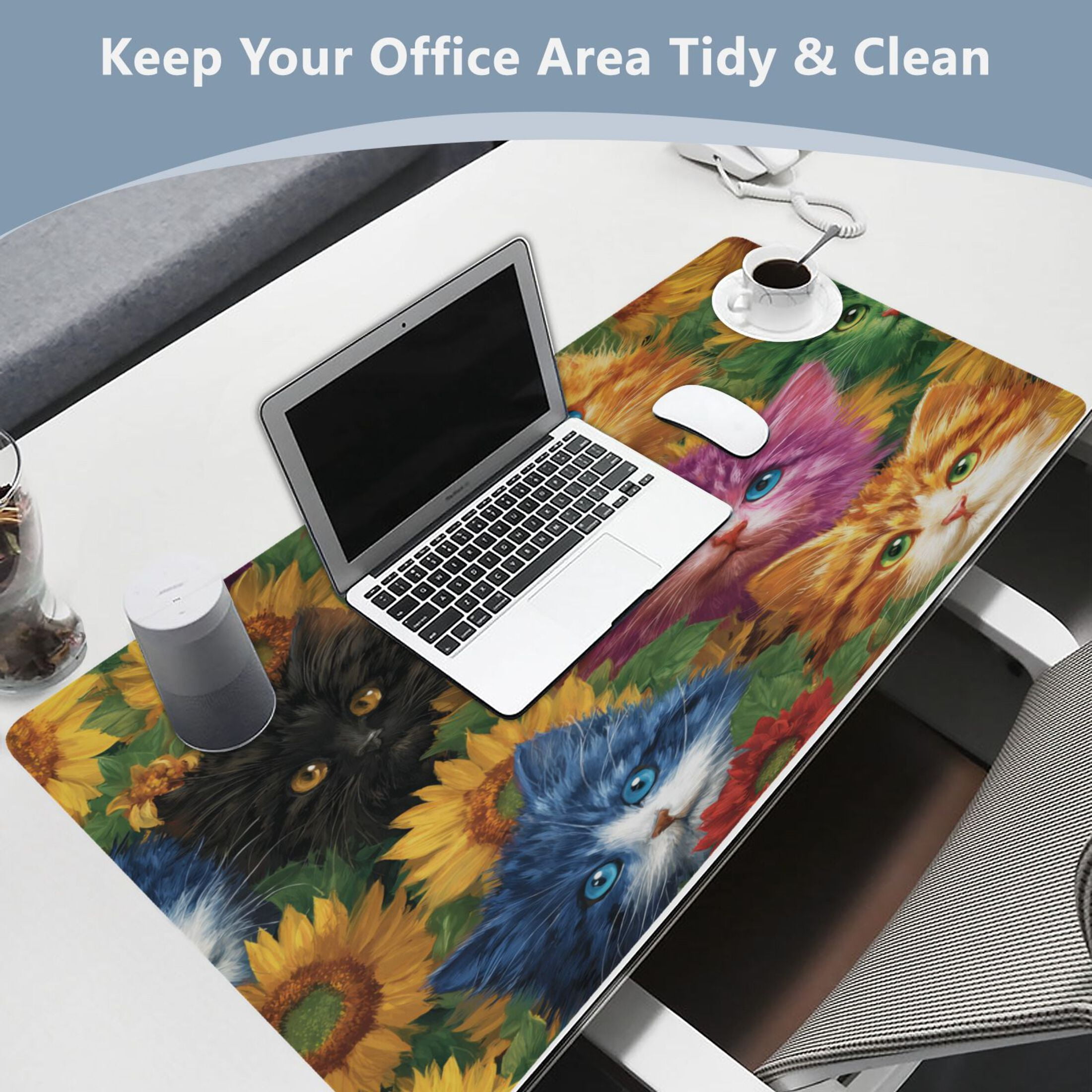 Leather Keyboard and Mouse Desk Mat Office Desk Accessories Protective Office Desk Decor Desk Pad Mat for Gaming, Work from Home, Office Colorful Cat and Sunflowers 16.5" x 35.4"