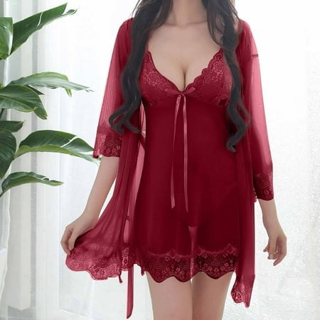 

BUIgtTklOP Pajamas for Women Sexy Women Lingerie Sling Pajamas Thong Suit Splice Wireless Bra Lingerie Backless Pajamas Nightdress Wine L
