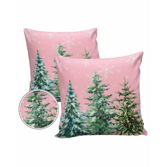Pack of 2 Outdoor Pillow Covers, Christmas Sweety Pink Background Xmas Tree Snowflakes Waterproof Square Throw Pillowcase Cushion Decorative Pillow Covers for Couch Patio Tent, 20x20 in