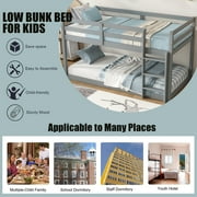 Bunk Bed Twin Over Twin, Low Twin Size Floor Bunk Beds with Ladder, Solid Wood Junior Bunk Bed for Bedroom, No Box Spring Needed-Gray