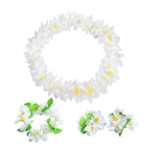 Conjunto de leis hawaianos, guirnalda, collar, diadema, pulseras, flores artificiales portátiles Blanco