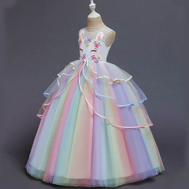 Kawell Girls Unicorn Dress Rainbow Fancy Princess Costume Tulle Party Dresses White