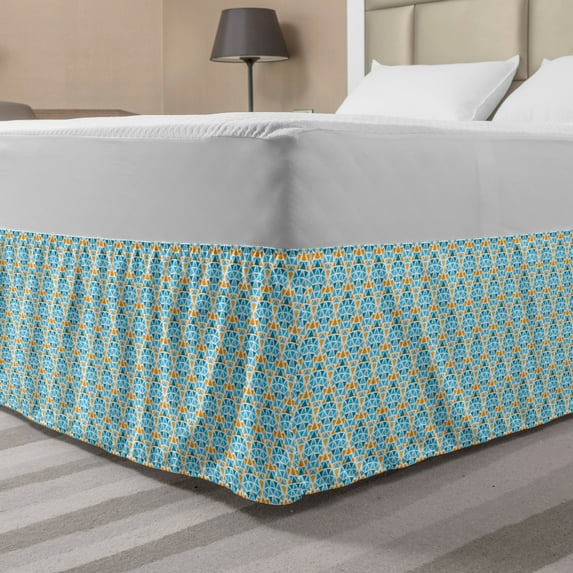 Yellow and Blue Bed Skirt, Diamond Shaped Triangle Geometric Fractal Mosaic Traditional Motif, Elastic Bedskirt Dust Ruffle Wrap Around for Bedding Decor, 4 Sizes, Aqua Teal Marigold, by Ambesonne