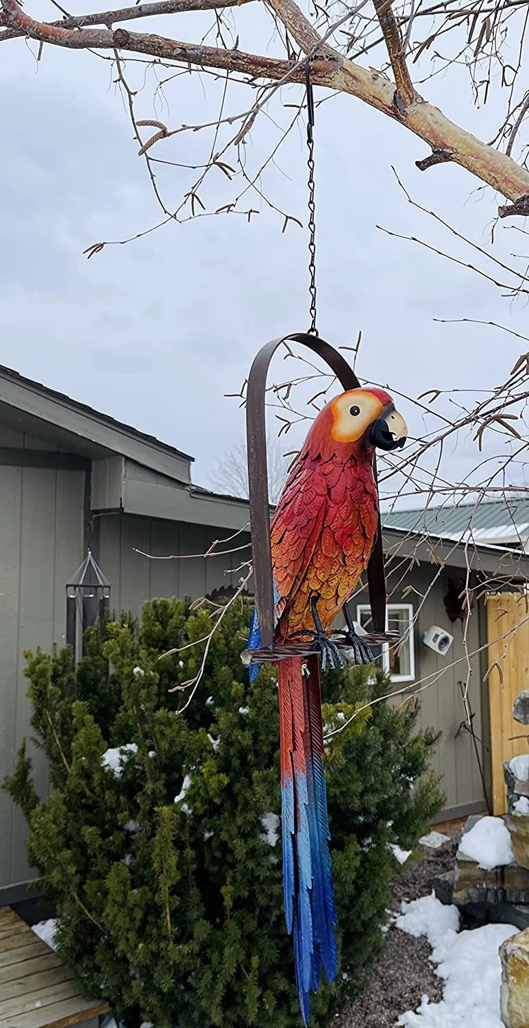 Hanging Whimsical Rustic Metal Swinging Macaw Parrot Tropical Bird On Chain Yard Garden Art