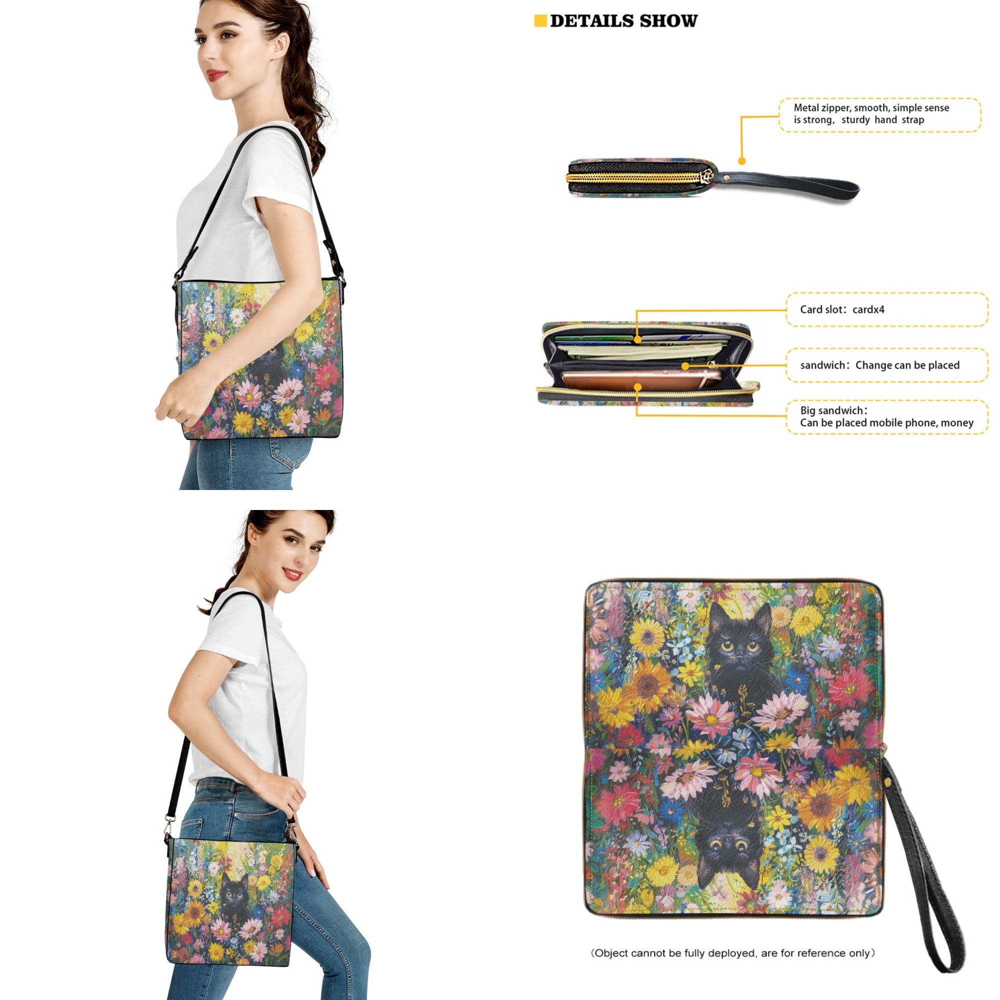ZUXONGSY Black Cat Daisy Flower Print Trendy Leather Crossbody Handbag with Wrist Wallet for Women, Lightweight Bucket Bag Purse and Wallet Set for Daily Use Travel