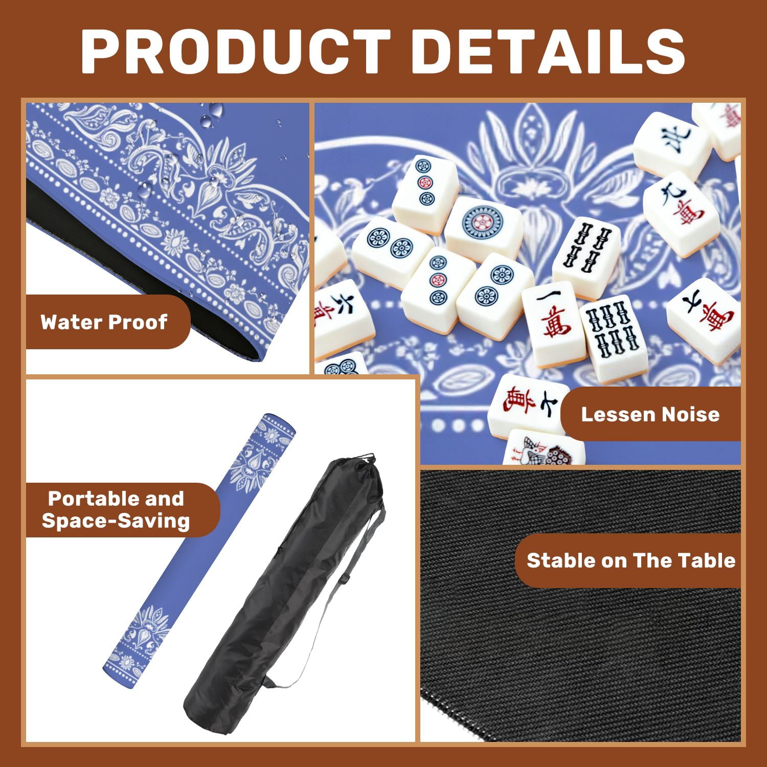 Mahjong Mat 31.5" x 31.5" Intricate Paisley Bandana Design White Blue Non-Slip Noise Reduction American Mahjong Tiles Table Cover for Dominoes Poker Card Board Games Gift