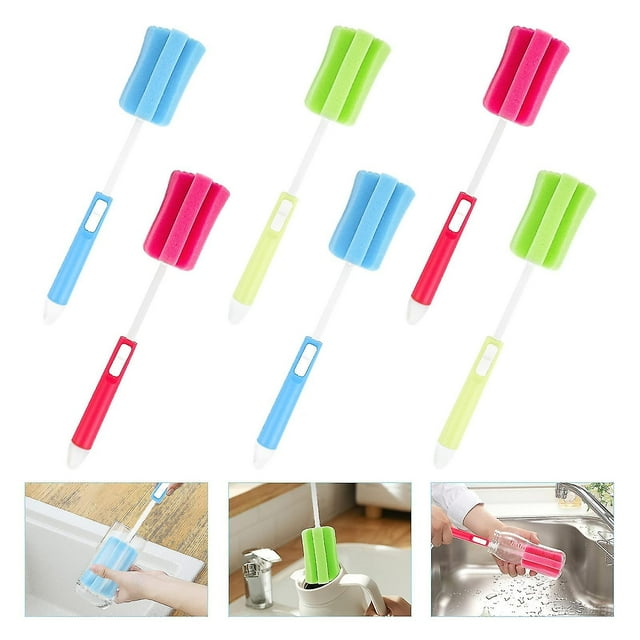 6 uds. De cepillos de esponja para botellas, cepillo de limpieza de esponja ajustable para botellas, mango largo de plástico, cepillo de taza de limpieza, esponja suave