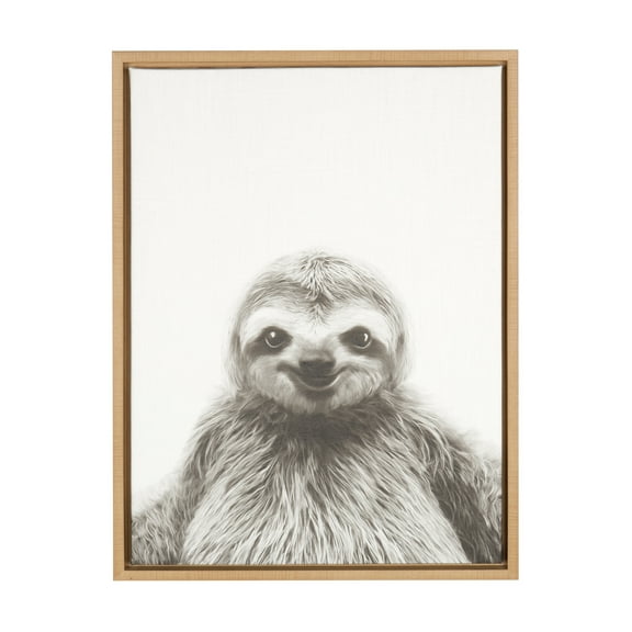 Kate and Laurel Sylvie Sloth Black and White Portrait Framed Canvas Wall Art by Simon Te Tai, 18x24 Natural