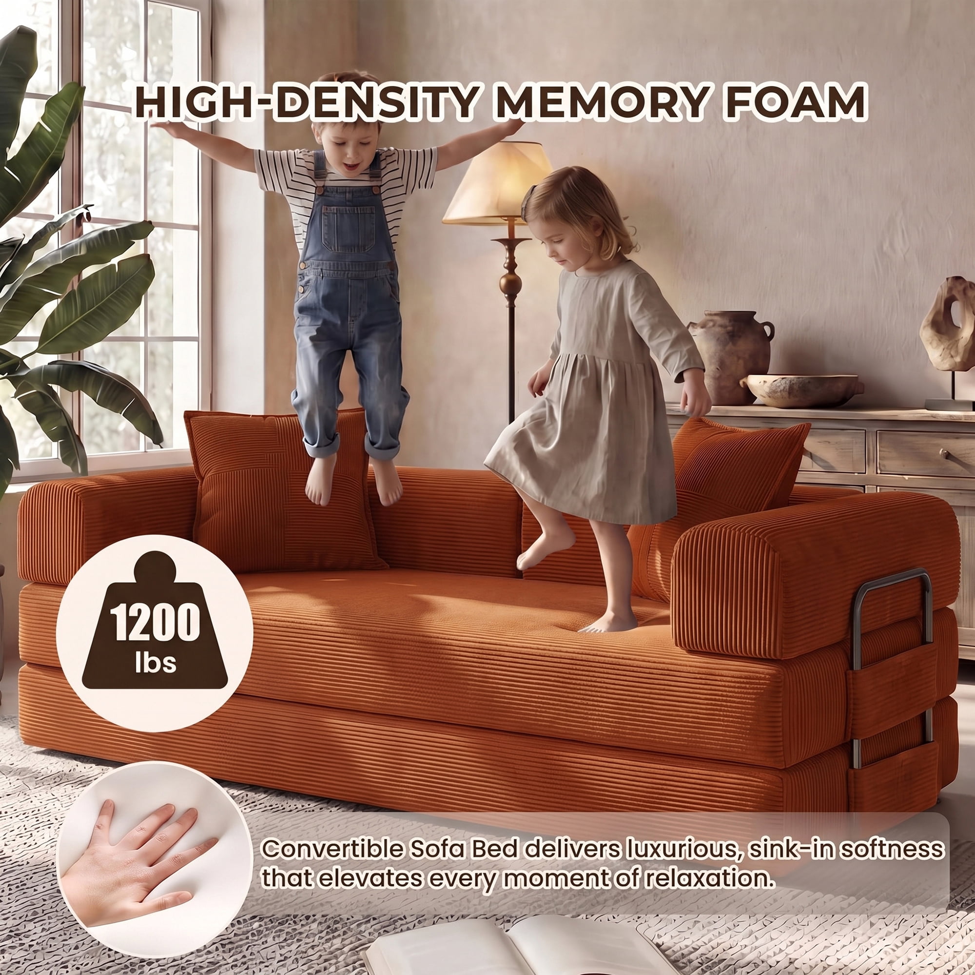 Aukfa 79" Convertible Futon Sofa Bed with Fixed Frame, 5-in-1 Boneless Couch for Living Room, Corduroy, Orange