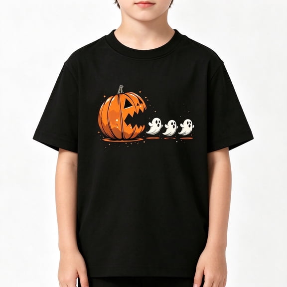 Halloween Boys T-Shirt Halloween Pumpkin Ghosts Design 100% Cotton Short Sleeve Kids Tees Gift For Children Black