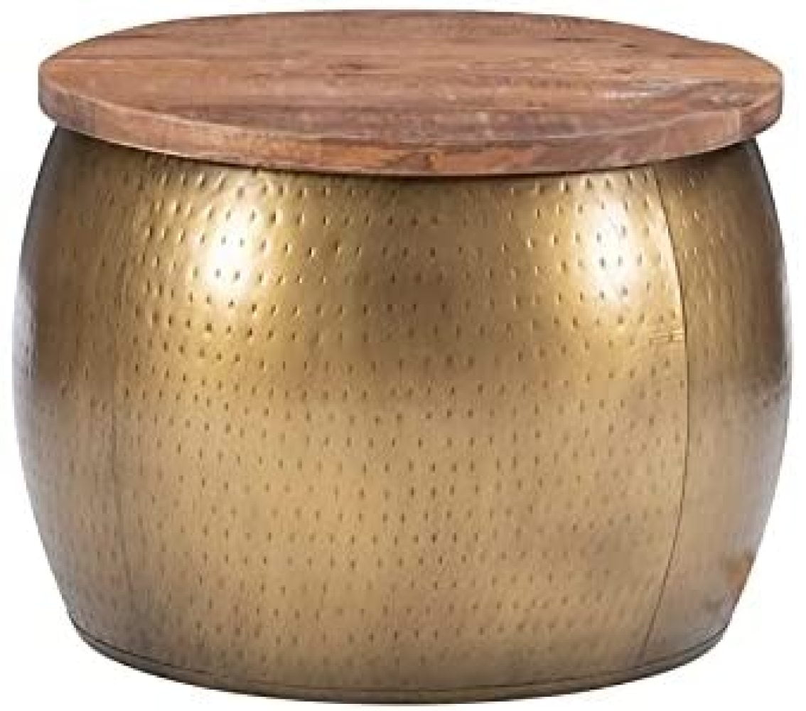 Powell Reid Large Wood and Metal Drum Table with Storage in Brass
