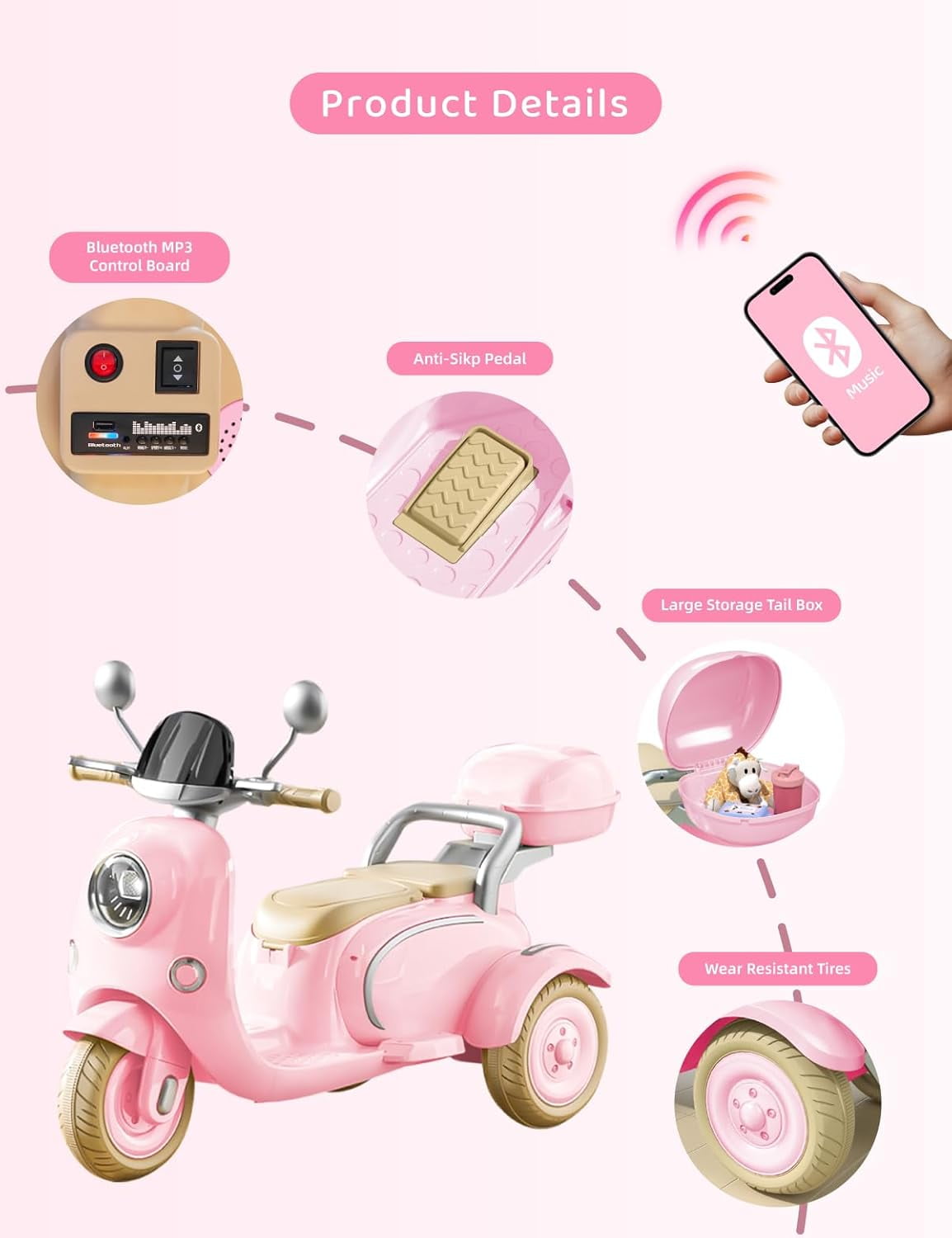 TCARAIWEN Girls Electric Motorcycle, 2 Seats Kids Motorcycle,12V Ride On Scooter for Kids with Storage Compartments, Cute Design with Stable 3-Wheel Structure, Ideal Moped for Girls Ages 3-6 (Pink)
