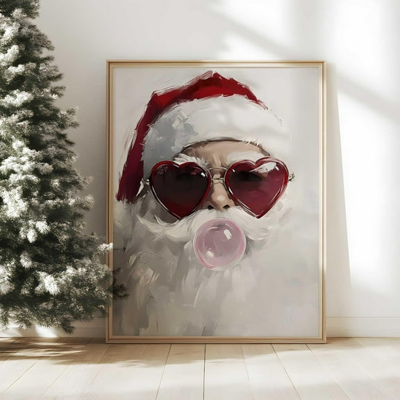 Cool Santa Wall Art Print, Heart Sunglasses Winter Decor, Art, Modern Santa Bubblegum Print, Festive Winter Wall Art Home Decor #233, Unframed Poster Size 8x12