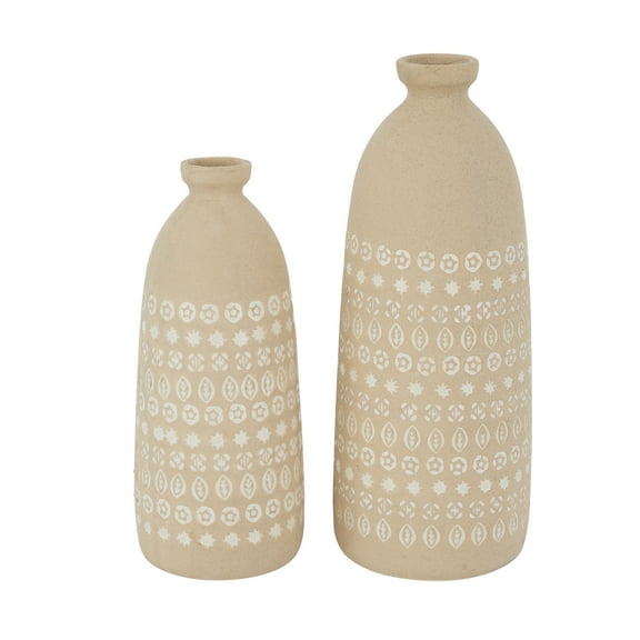 DecMode 15", 12"H Handmade Beige Ceramic Vase with Star Patterns, Set of 2