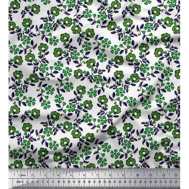 Soimoi Modal Satin Fabric Leaves & Floral Block Print Fabric by The Yard 42 Inch Wide