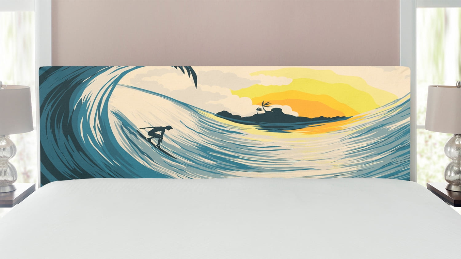 Ocean Headboard, Illustration of Cloudy Sky Tropical Island Wave and ...
