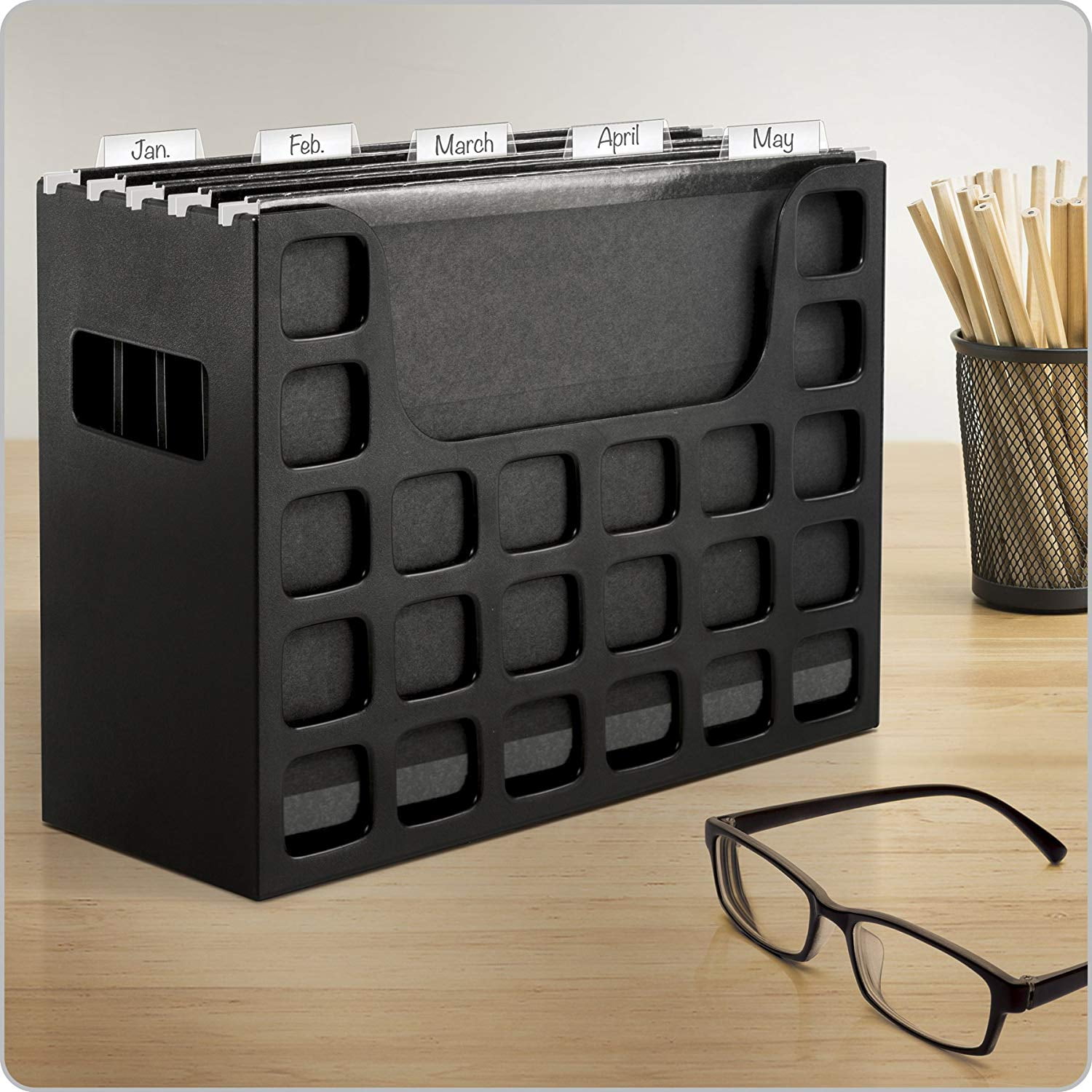 Portable Desktop File 9-1/2 x 12-3/16 x 6 Inches Hanging File Folders 1 Pack Black Letter Size Tabs & Inserts Side Handles 