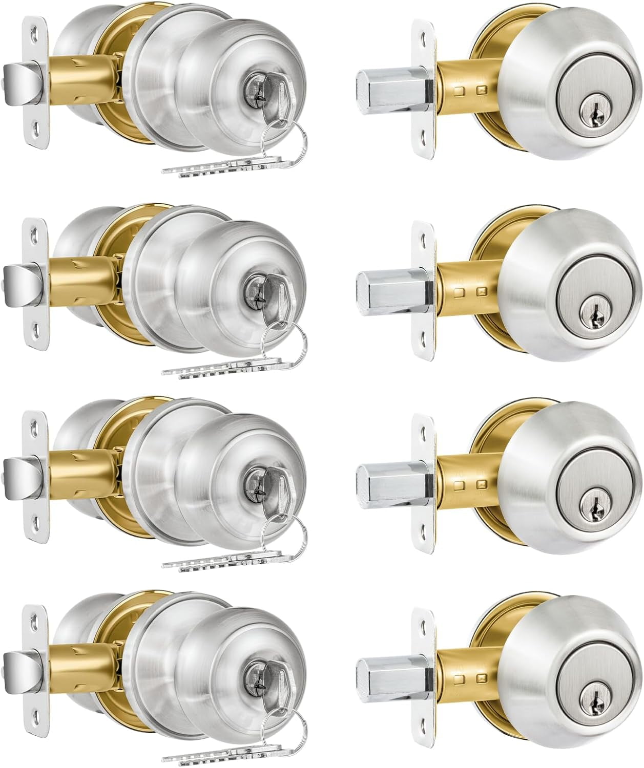 5 Pack Entry Door Lock and Single Cylinder Deadbolt Combo Set, Keyed Alike Satin Nickel Exterior Door Knobs with Lock&Keys, Round Ball Door Locksets with Deadbolt for Entrance and Front Door