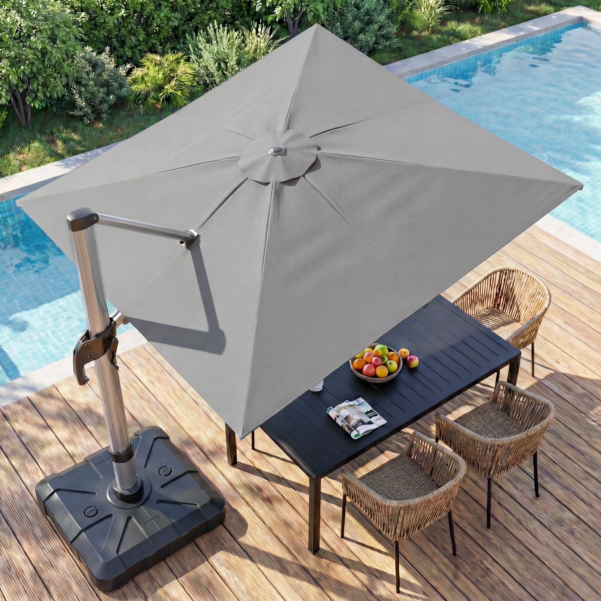 KAMEROUT Outdoor Patio Umbrella with Base Included, 11 Feet Large Cantilever Windproof Offset Umbrella with 360-degree Rotation for Backyard, Pool, Lawn, Deck, Gray