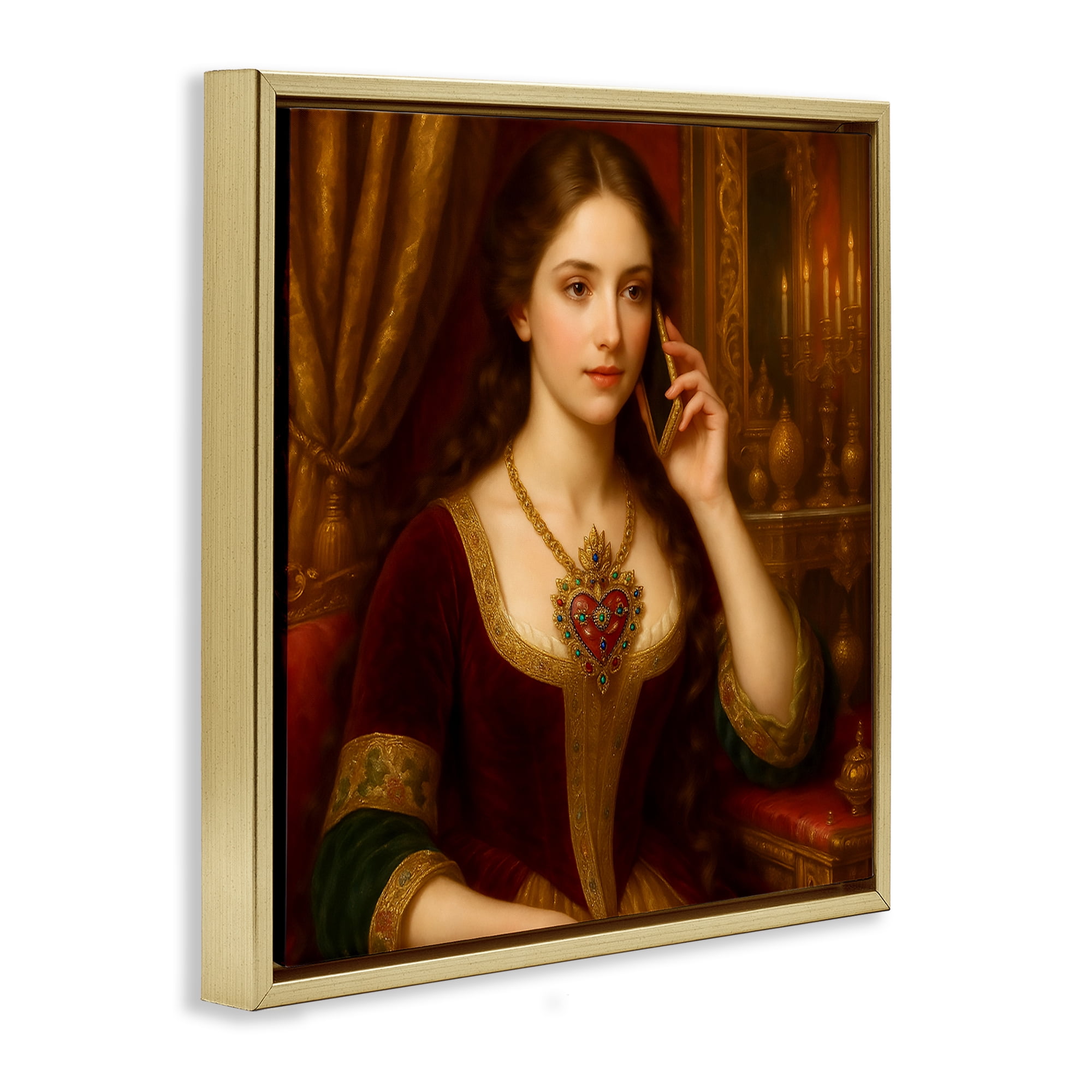 Stupell Industries Rococo Woman with Cell Phone Gold Framed Floater Canvas Wall Art, design by Grotto Studios
