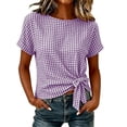 thumbnail image 5 of Women's Gingham Cotton Tops Summer Oversized Crew Neck Bow Tie Waist Blouse Fashion Casual Short Sleeve Daily Wear Shirt Purple, 5 of 5
