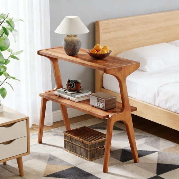 LUMAMIN 26.4' Wooden Bedside Table, Night Table with 2-Tier Open Shelf, Modern Sofa Side Table for Living Room, Bedroom or Small Space, Cherry