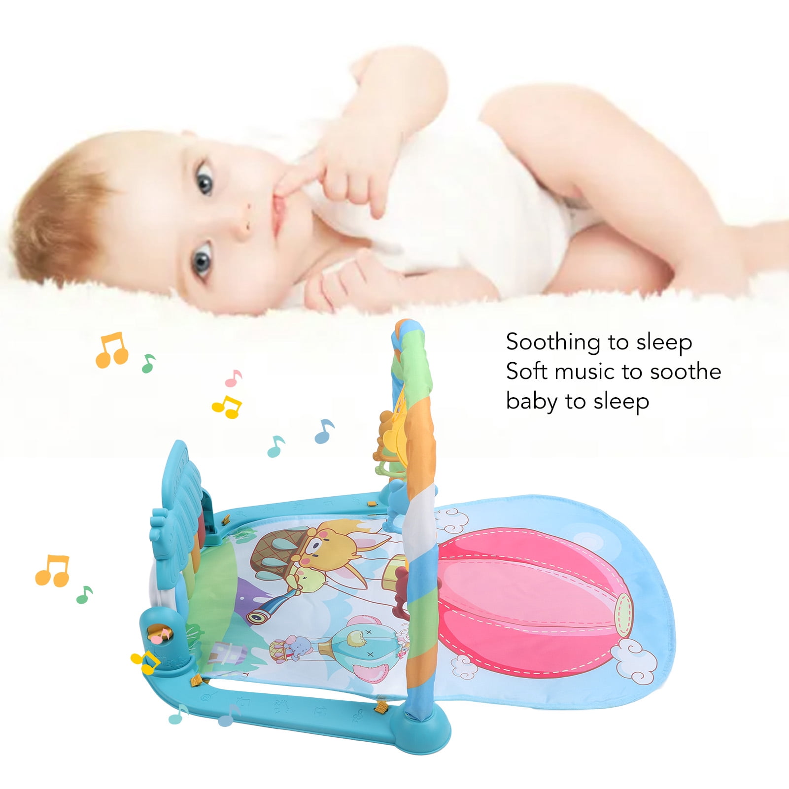 BIMZUC Baby Gym Play Mat Learning Sensory Sound Infant Kick Play Piano Mat Toy for Newborns Balloon Pattern Tummy Time Activity Center with Hanging Toys Portable Design 17.32 inches / 44 cm