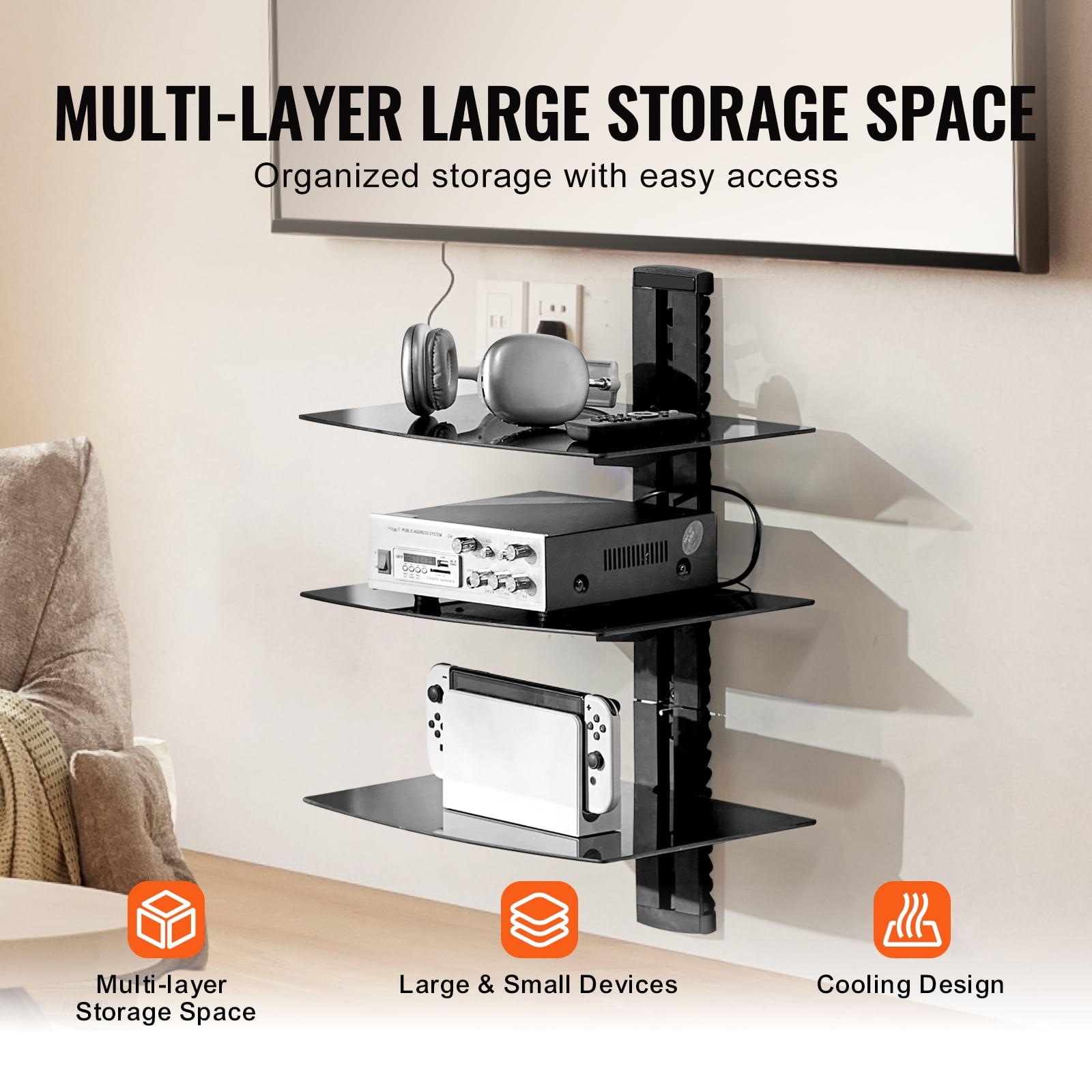 SKYSHALO Glass Wall Shelves, Supports 18 lbs, Shelf TV Wall Mount, Durable Floating Media Console for DVD/PS4/Cable Units/Game Systems/Sky Box/TV Extras-3 Levels