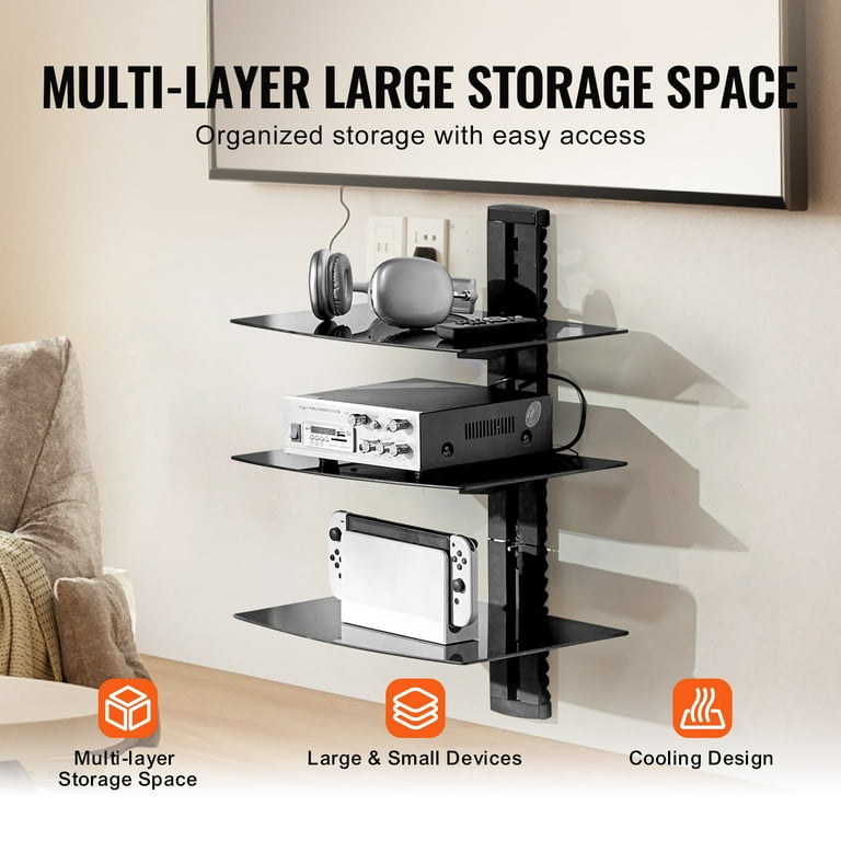 SKYSHALO Glass Wall Shelves Supports 18 lbs Shelf TV Wall Mount Durable Floating Media Console for DVD PS4 Cable Units Game Systems Sky Box TV Extras 3 Levels Walmart