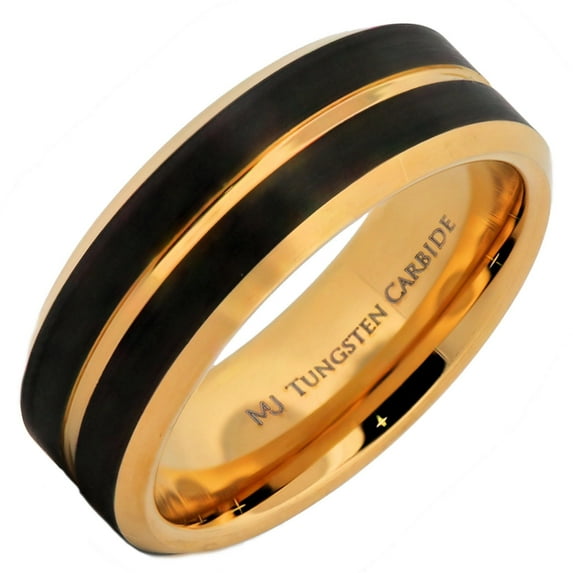 Tungsten Carbide 8mm Gold Plated Wedding Band with a Black Plated Face Comfort Fit Ring Size 12