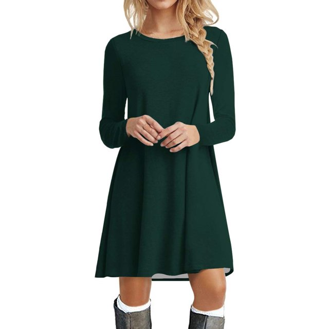 Gibobby Vestido Causal para Mujer de Verano Vestido de camiseta de manga larga para mujer Vestido casual de swing sólido(Verde,XL)