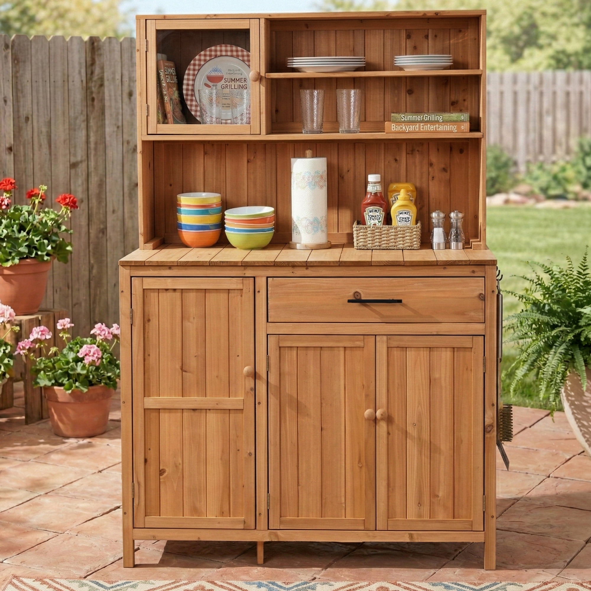 Potting Bench With Hutch, 65 Inch H Solid Fir Wood Outdoor Garden Workstation, Natural