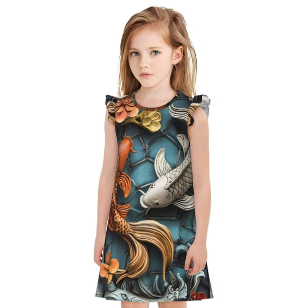 Balery Colorful Koi Fish Art Camisón de princesa para niñas, pijama de algodón con mangas abullonadas, suave y bonito.-X-Large