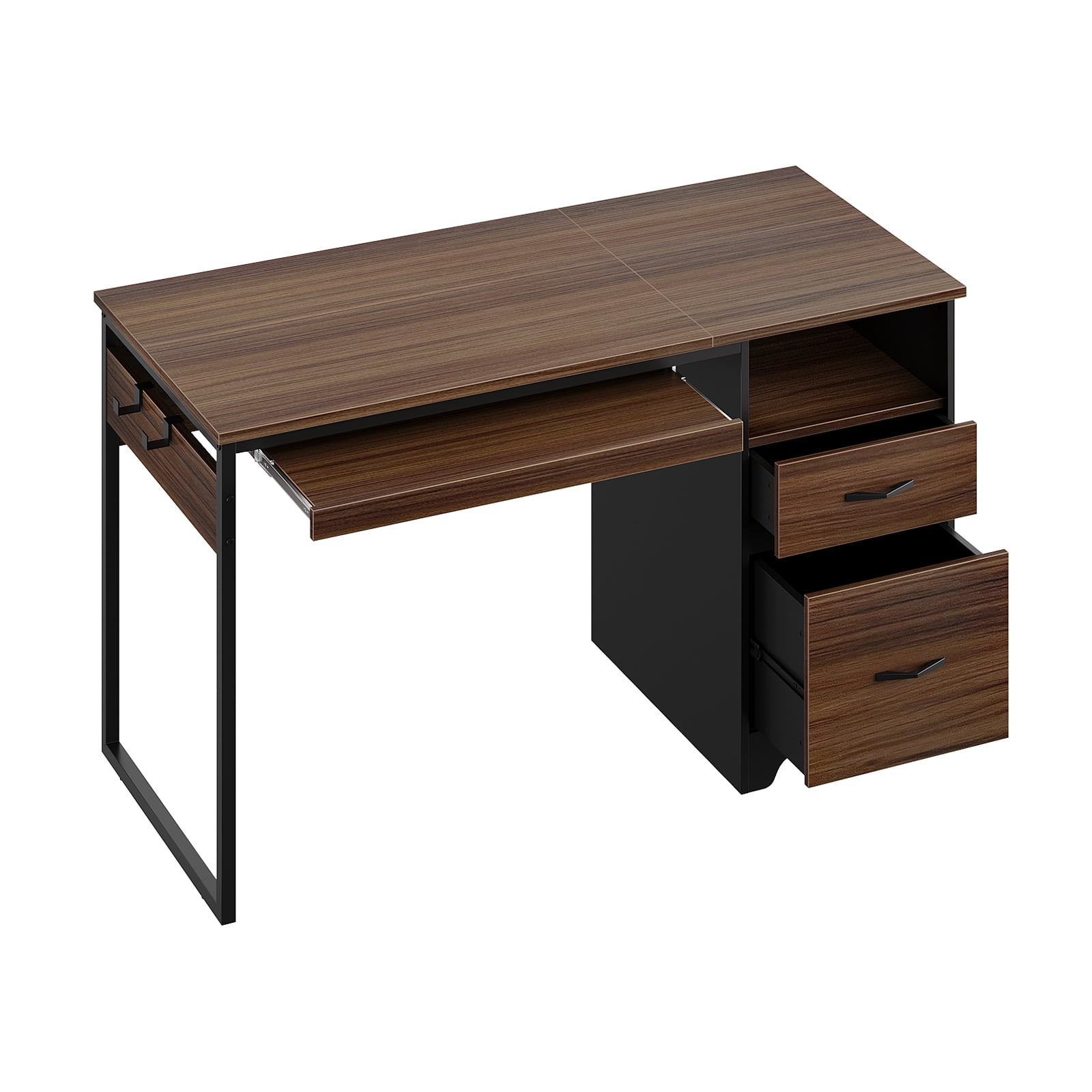 Bestier 48” Office Desk with Drawers, Computer Writing Desk with Keyboard Tray & 2 Hooks for Home Office, Cherry