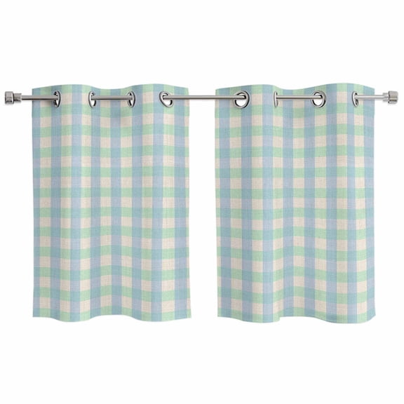 Blue Green Kitchen Curtains Small Short 39 Inch Length, Grid Checkered Plaid Gingham Lattice Trellis Grommet Bedroom Living Room Curtains, Light Filtering Cafe Curtain Drapes 2 Panels Set 55''x39''
