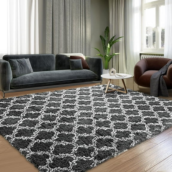 Shag Area Rug 5x7 Feet Extra Soft Rugs for Living Room, High Pile Indoor Carpet for Bedroom, Playroom, Nursery, Home Decor, Geometric, Dark Grey/White
